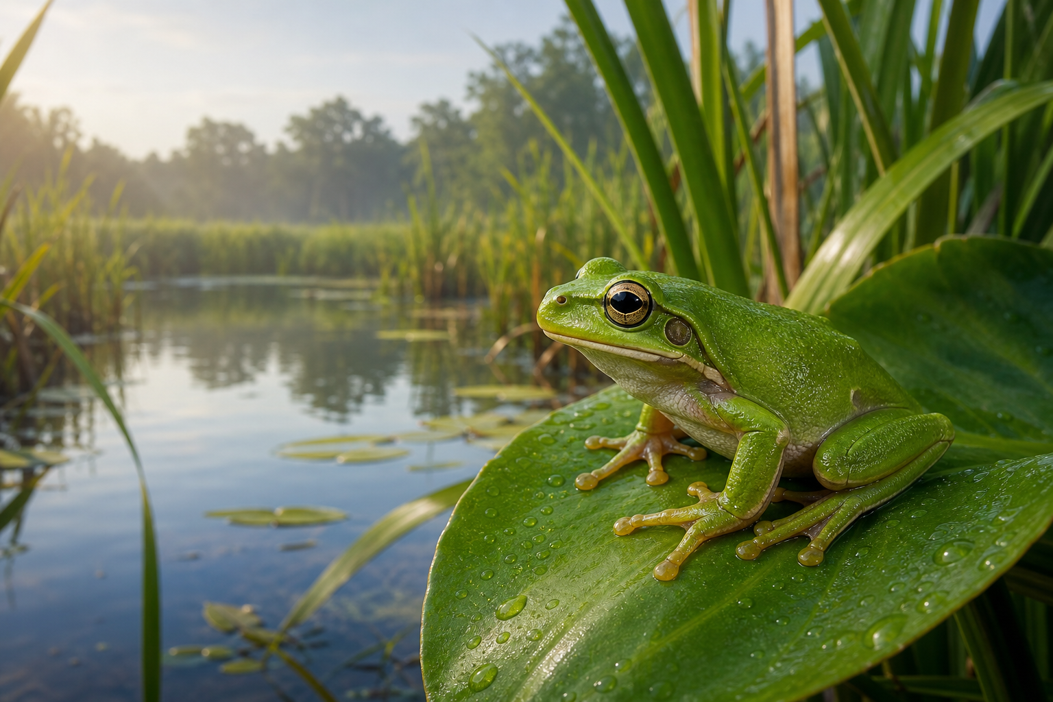 Green frog resting on a lily pad in a wetland