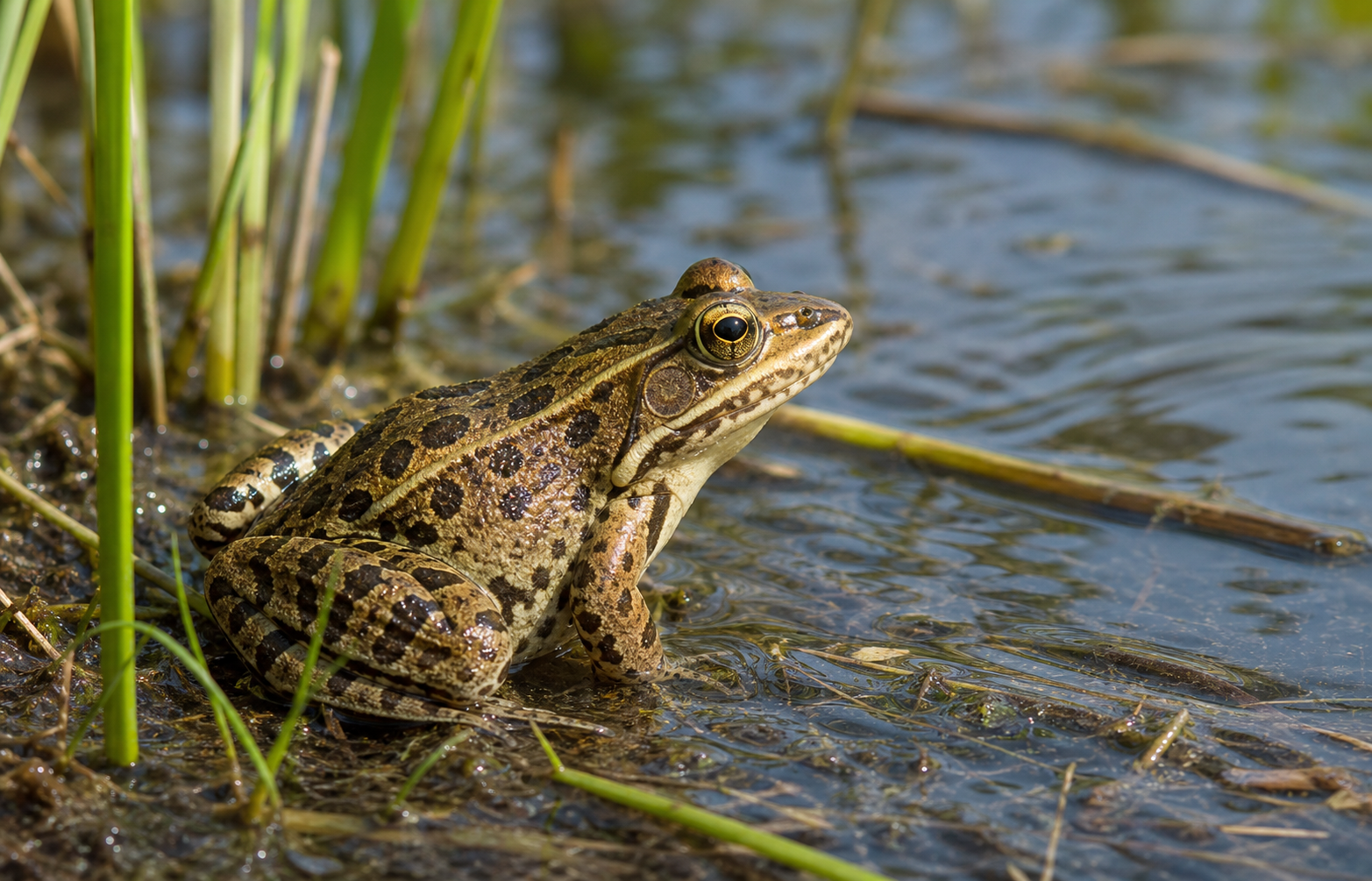 Spotted brown pond frog resting in shallow water near reeds