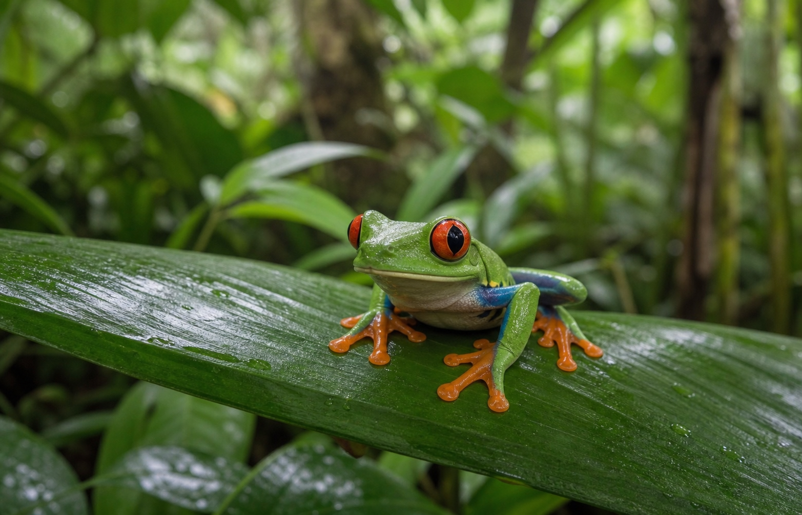 Red-eyed tree frog perched on a glossy rainforest leaf